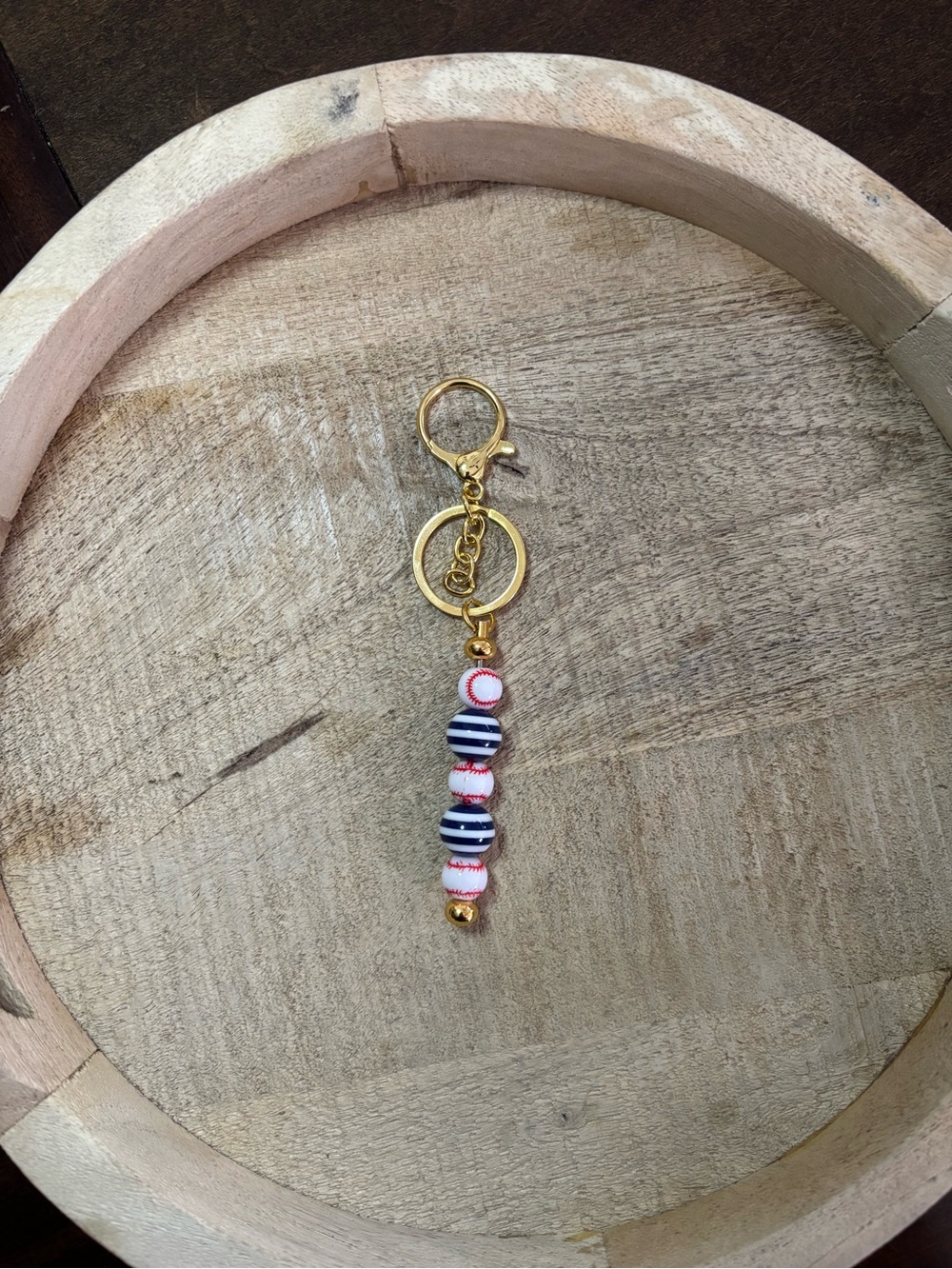 Gold Keyring with Red, White & Navy Beaded Charm